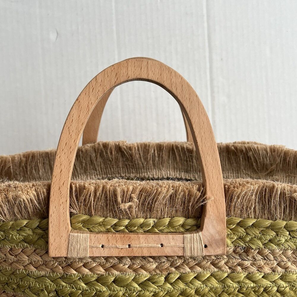 ANTIK KRAFT Woven Jute Tote Bag Wood Handles Beach Boho Market Basket Coastal - Picture 6 of 16